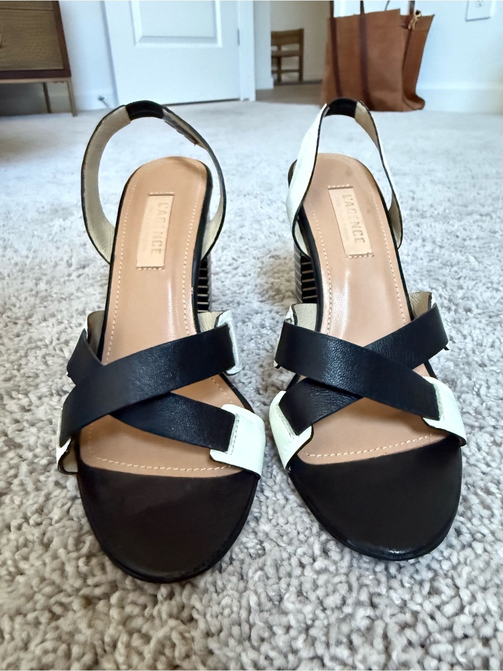 L'AGENCE Black and White Cross-Strap Slingback Heels
